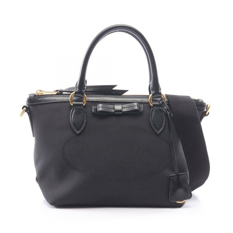 PRADA LOGO JACQUARD 肩挎包 帆布皮革 黑色 二手 女士