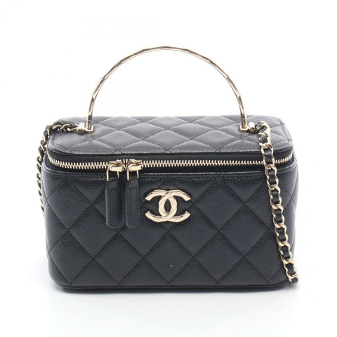 香奈兒 (CHANEL) 絎縫化妝包，頂部手柄鏈條斜挎單肩包，黑色皮革，金色五金