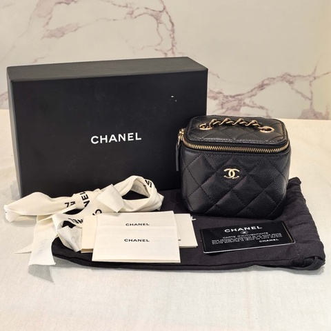 【震撼撿漏❤️Fullset全套適合送禮✨全網最低價】Chanel/香奈兒   黑色荔枝紋盒子包化妝包鏈條包