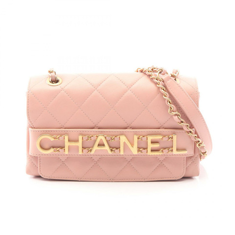 香奈兒 (CHANEL) 絎縫 Logo 鏈條肩背包 AS4190 羊皮 粉紅色 金色五金 二手