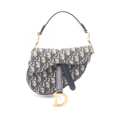 Christian Dior 迷你馬鞍形提花手提包，帆布皮革，米色/海軍藍
