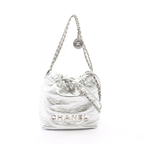 香奈兒 (CHANEL) 22 迷你鏈條肩背斜背包，銀色皮革，附五金配件，二手 CC