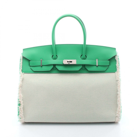愛馬仕 Birkin 35 Fray Fray 手提包 Z 斜紋帆布 Swift 薄荷綠 米白色 二手 SHW