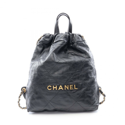 香奈兒 (CHANEL) 22 雙肩背包抽繩包 黑色真皮 二手 女款 金色五金