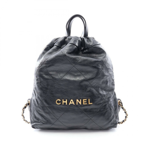 香奈兒 (CHANEL) 22 雙肩背包抽繩包 黑色真皮 二手 女款 金色五金