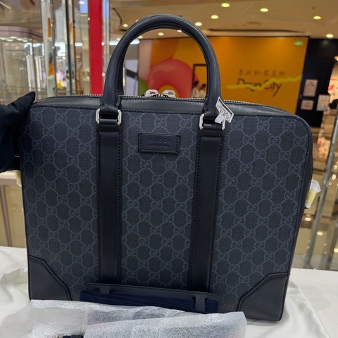 GUCCI古馳 黑標 老花Logo條紋織帶 帆布拼皮革 公文包