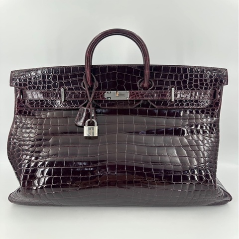 Hermes HAC 50 Shiny Porosus Crocodile Bordeaux Handbag with Palladium Hardware