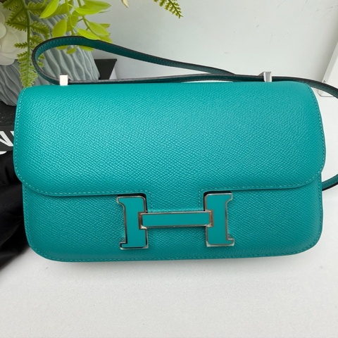 愛馬仕Hermes 康康19 孔雀藍琺瑯扣Epsom皮 X刻