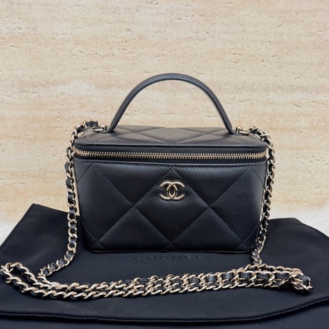 香奈兒/Chanel26s黑金荔枝牛皮 長方形化妝盒子包 查碼26年 99新原始好成色