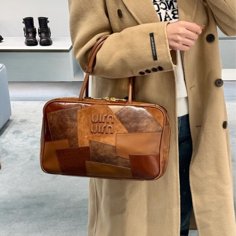 ✨miumiu｜棕色拼皮保齡球公文包 ｜98新