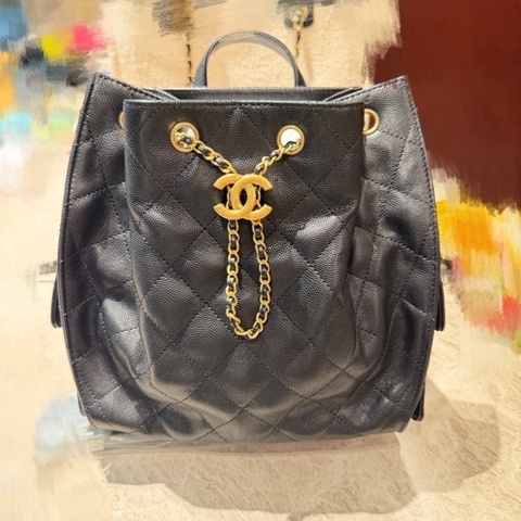 Chanel 黑金荔枝皮25bag後背包 晶片款