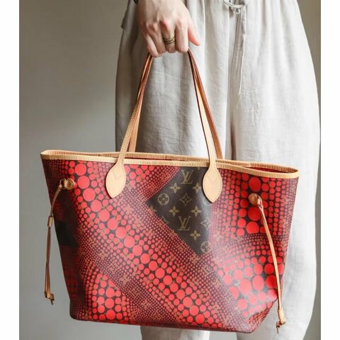 lv neverfull草間彌生聯名購物袋托特包手提肩背包 限定聯名款  31.5*29*16cm 98新配件塵袋