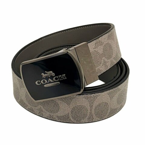 [全新] COACH 男款3.5cm寬版皮帶(黑釦方頭-LOGO灰)