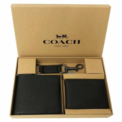 [全新] COACH 男款8卡短夾附鑰匙圈活動證件夾禮盒(黑)