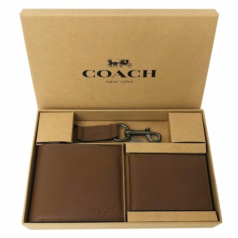 [全新] COACH 男款8卡短夾附鑰匙圈活動證件夾禮盒(棕)
