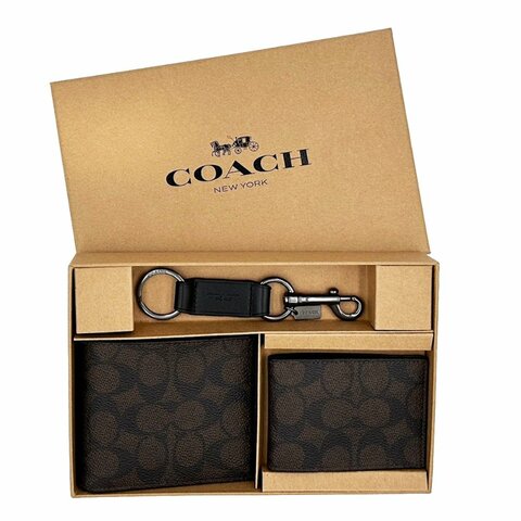 [全新] COACH 男款8卡短夾附鑰匙圈活動證件夾禮盒(深咖)