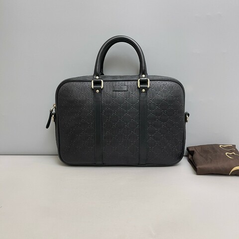 Gucci 男士黑色全皮雙G壓紋公文包