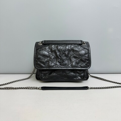 YSL Niki小號 黑色銀鏈全皮郵差包