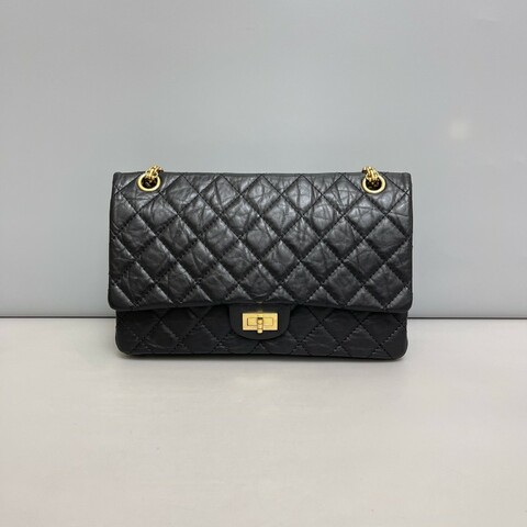 CHANEL 2.55中號黑金油蠟牛皮包