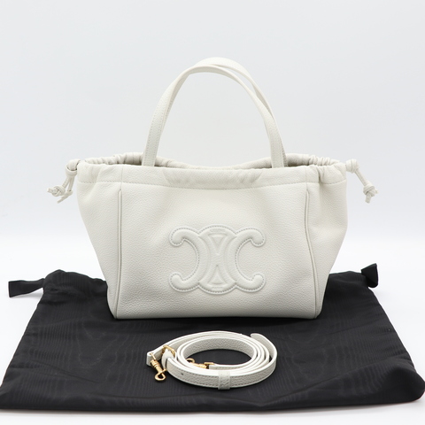 Celine 思琳 Small Cabas Cuir Triomphe 白色 顆粒小牛皮 抽繩 凱旋門手提包 肩背包