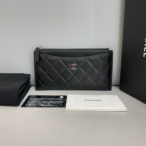 全套 Chanel 黑銀全皮菱格長款銀包