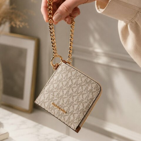 Michael Kors Jet Set Travel 經典滿版老花Logo 防刮皮革附鍊帶證件夾/零錢包(米白色)