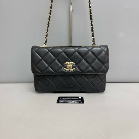 Chanel Trendy CC黑金全皮菱格肩背包斜背包