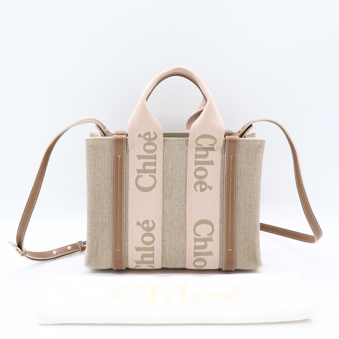 Chloé Woody tote 小號 亞麻拚粉色 手提包 斜背包 兩用 托特包