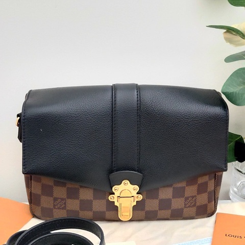 Louis Vuitton Clapton黑色拼棕棋盤格郵差包單肩斜挎包，尺寸：25*18，附件：塵袋  肩帶
