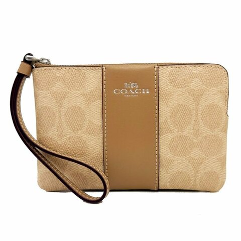 [全新] COACH 直紋C LOGO零錢包手拿包(蕎麥奶茶)