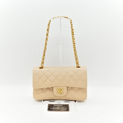 Chanel 香奈兒 米杏色 Classic Flap 23cm 雙蓋鍊帶包 口蓋包  菱格紋 羊皮 金扣