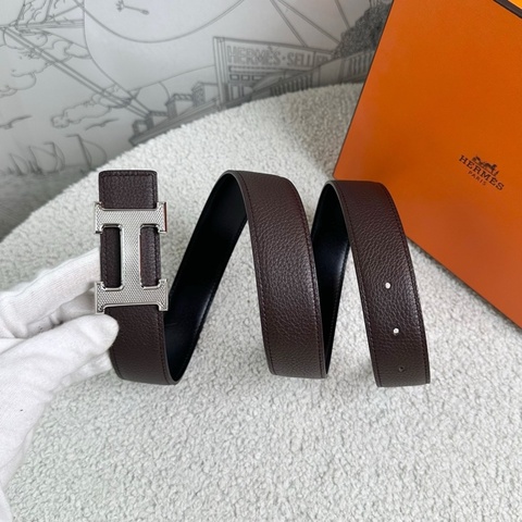 未使用Hermes/愛馬仕 深棕拼黑色 H雕紋銀扣雙面皮帶腰帶 85碼 寬3.2cm 附件盒子