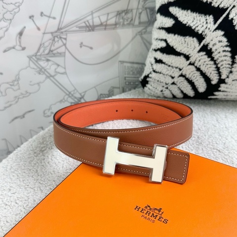 未使用Hermes/愛馬仕 銀邊白色琺瑯H扣 雙面皮帶腰帶 85碼 寬3.2cm 附件盒子