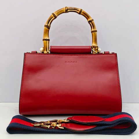古馳/Gucci Nymphaea Bamboo Satchel Bag紅色珍珠竹節