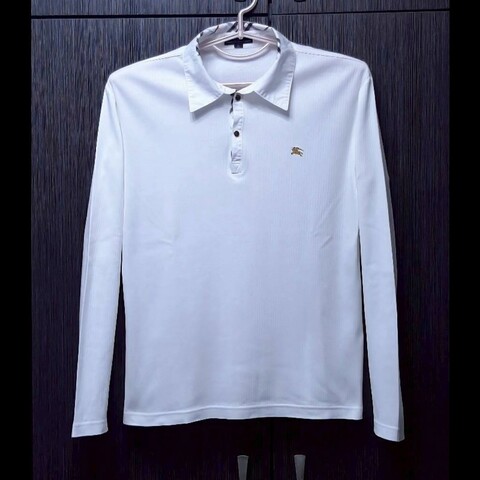 絕版BURBERRY博柏利 BLUE LABEL 藍標 戰馬 男白色坑條修身長袖POLO衫L