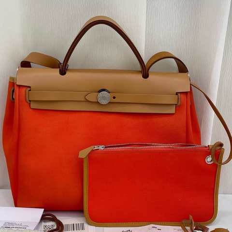 Hermes 愛馬仕 herbag 31 經典橘色帆布拼皮 可手提單肩斜挎 自帶子袋 尺寸：31*25*10