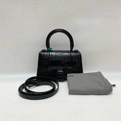 BALENCIAGA巴黎世家Hourglass鳄鱼压纹牛皮全黑xs沙漏包18.5×11×7