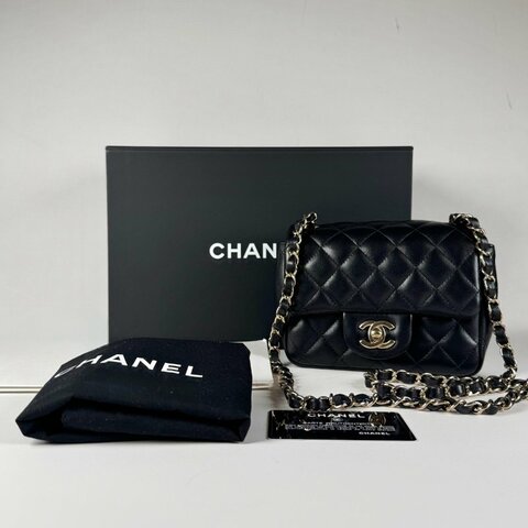 CHANEL 經典 黑色 小羊皮 菱格 淡金鍊 mini coco CF 17 方胖子 A35200