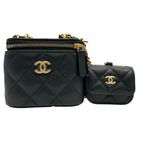 CHANEL 香奈兒 雙鏈子母化妝箱 AP3375 荔枝牛皮 黑色 金釦