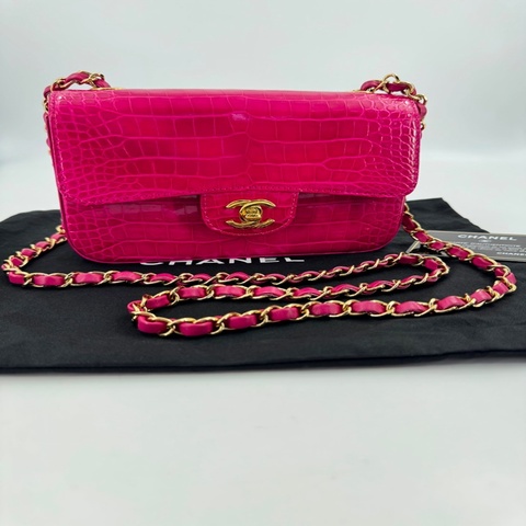 Chanel 2018-2019 Alligator Bright Pink Classic Flap Bag with Gold Hardware