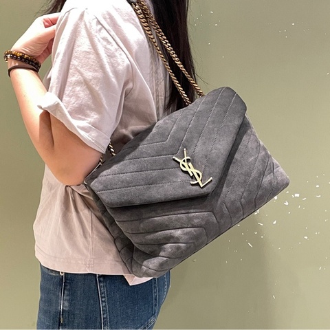 YSL/聖羅蘭  中號 灰色麂皮金扣鏈條包
