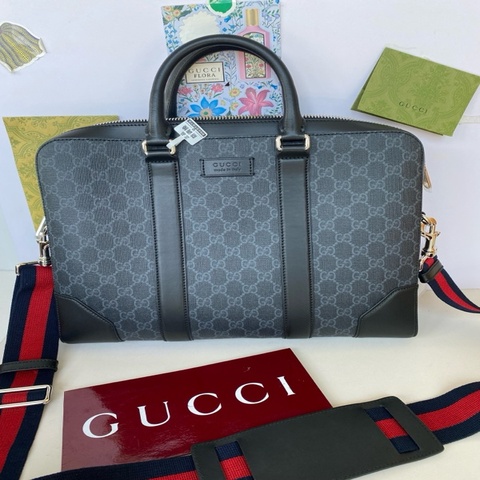 GUCCI古馳 老花Logo條紋織帶 帆布拼皮革 公文包單肩