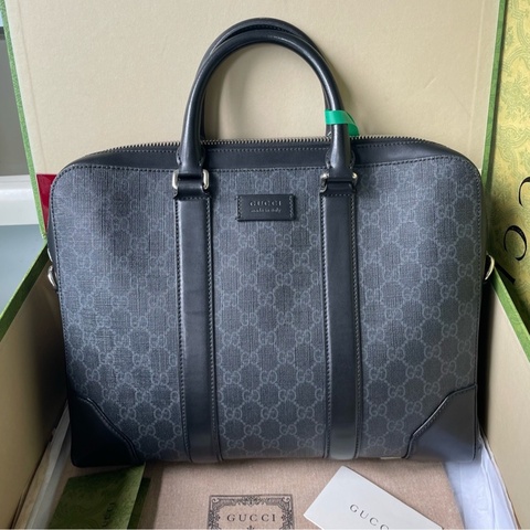 Gucci古馳 黑標 黑色老花公文包 手提單肩包 GG老花帆布配黑色皮革滾邊 尺寸36