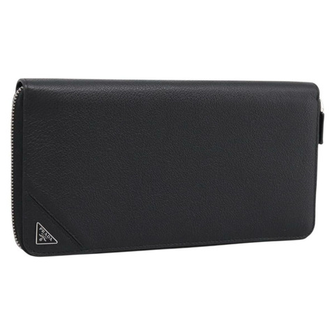 PRADA Organizer 圓長皮夾 皮革 黑色 銀色 Auth am12253M
