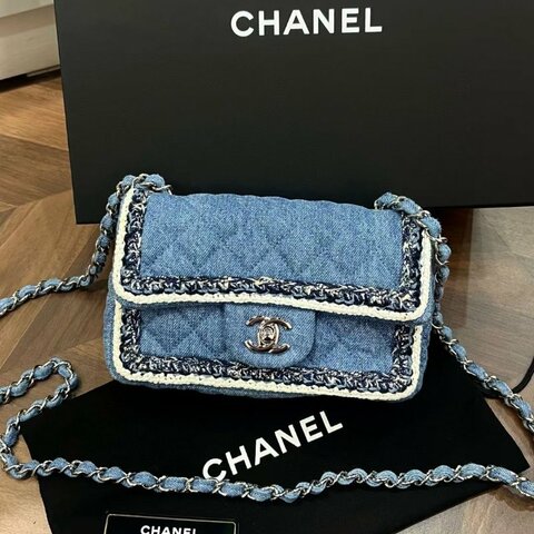 CHANEL 限量款丹寧牛仔毛呢滾邊CF 24*16*7 26 98新配件塵袋 保卡