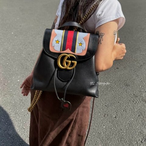 Y2080-Gucci GG Marmont星星圖案黑牛皮後背包432265