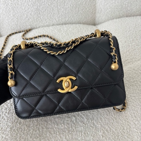 Chanel香奈兒 雙金珠19黑金牛皮 單肩包斜挎包 芯片款