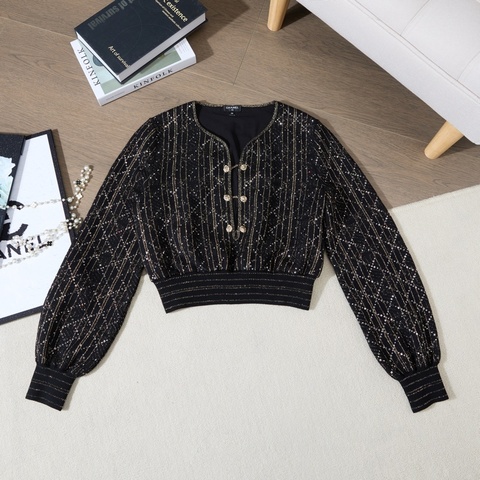 CHANEL 20A高級工藝坊黑金亮片短款上衣Top Size38