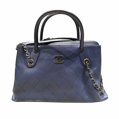 CHANEL 香奈兒 2WAY BAG 深藍色 荔枝皮 銀釦