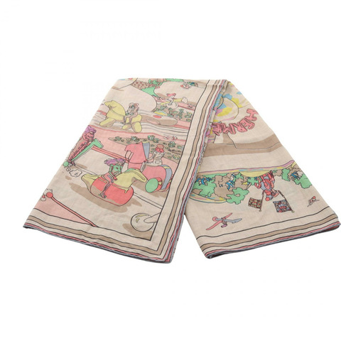 愛馬仕 Carre140 LOCOMOTION 絲巾披肩，真絲羊絨混紡，米色多色，二手女款